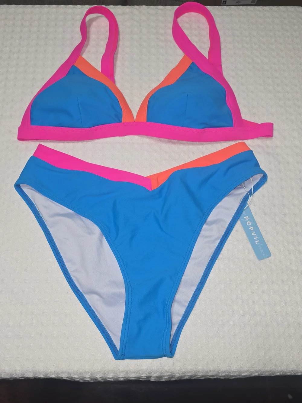 POPVIL TRIANGLE COLOR BLOCK BIKINI SET VIBRANT BLUE PINK ORANGE WOMENS MED NWT - Picture 1 of 10
